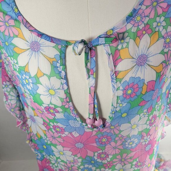 Jessica Simpson Floral Ruffle Sleeveless Keyhole Peplum Hem Sheer Top Size S - Picture 10 of 10